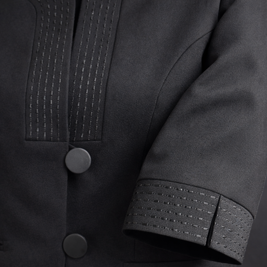 Detalle del blazer Geraldine negro, costuras finas y confección de alta calidad