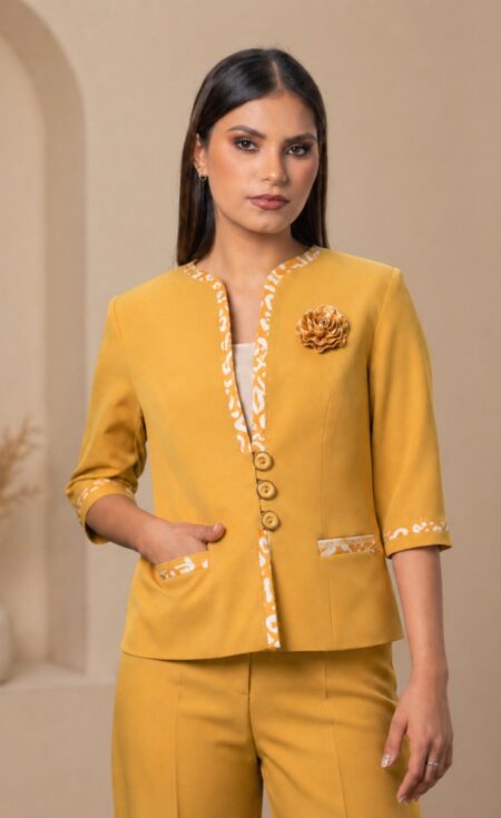 blazer lizzi mujer outfit formal mostaza con pantalón a juego