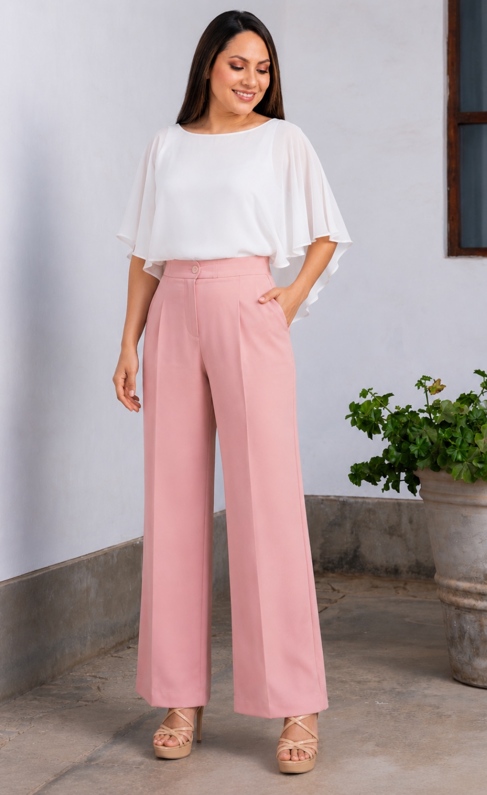 Pantalón palazo mujer Rebeca palo rosa de lino Prada