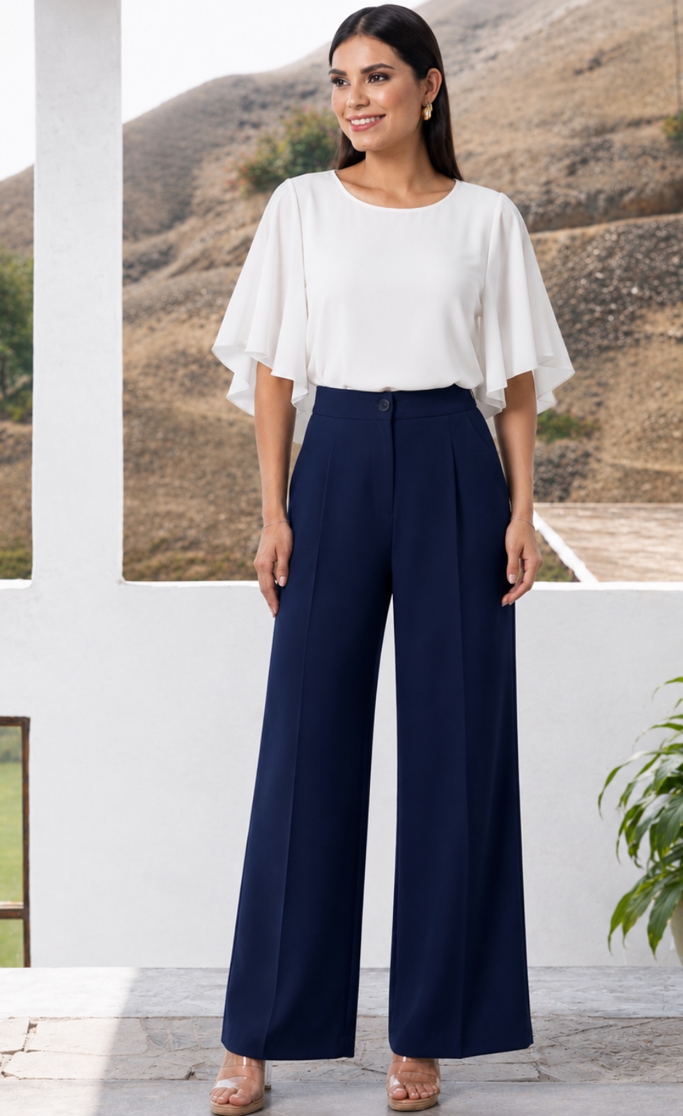 Pantalón palazo mujer Rebeca azul marino elegante