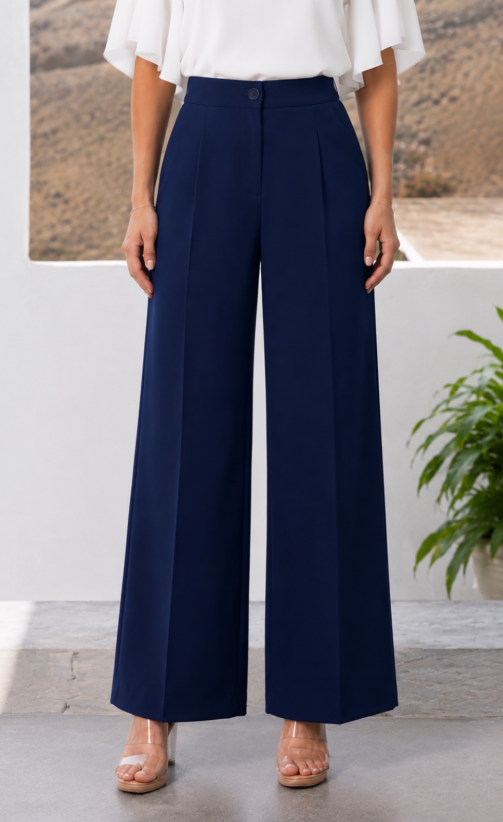 Pantalón palazo mujer Rebeca azul marino de tiro alto