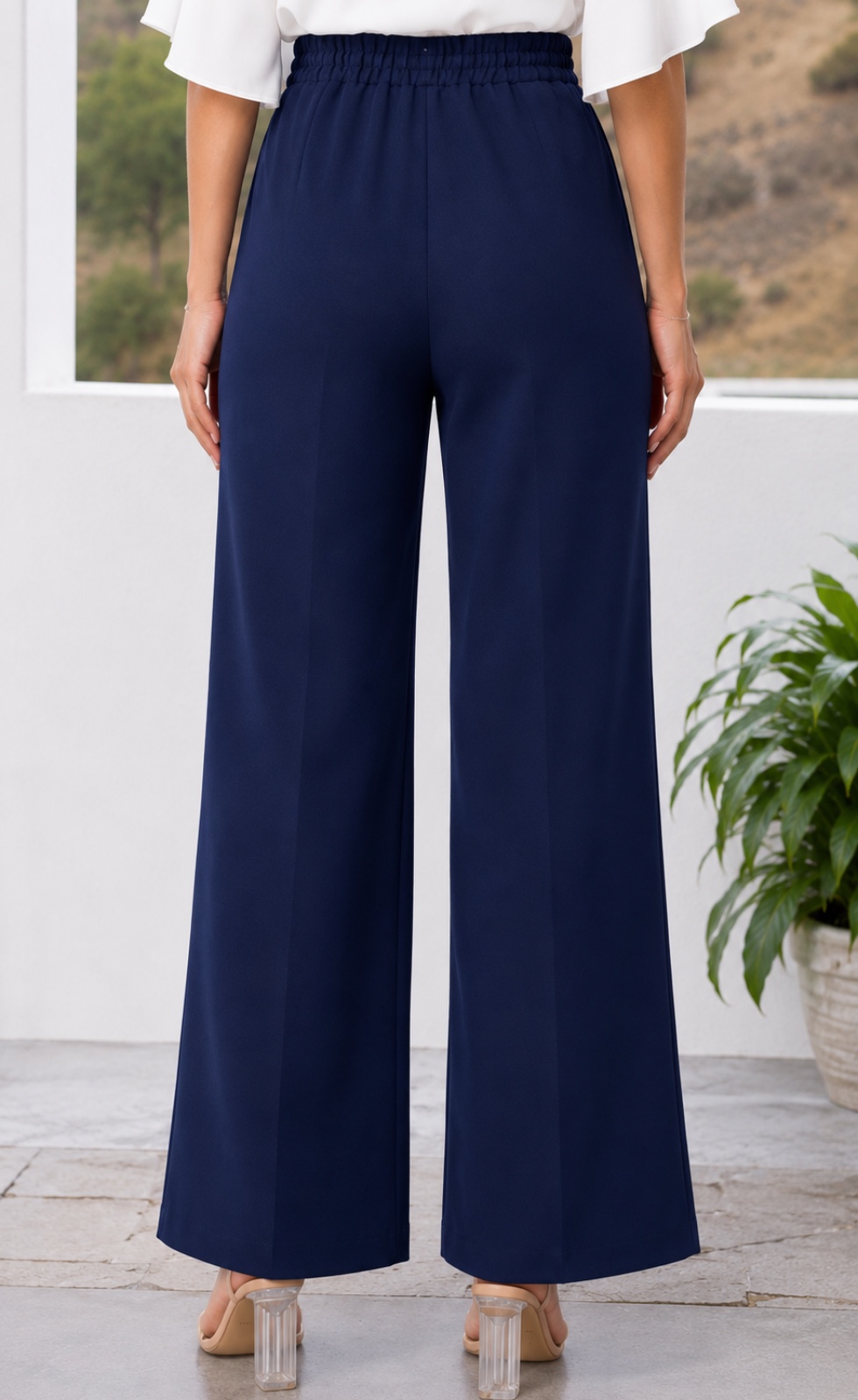 Pantalón palazo mujer Rebeca azul marino en lino Prada tipo sastre