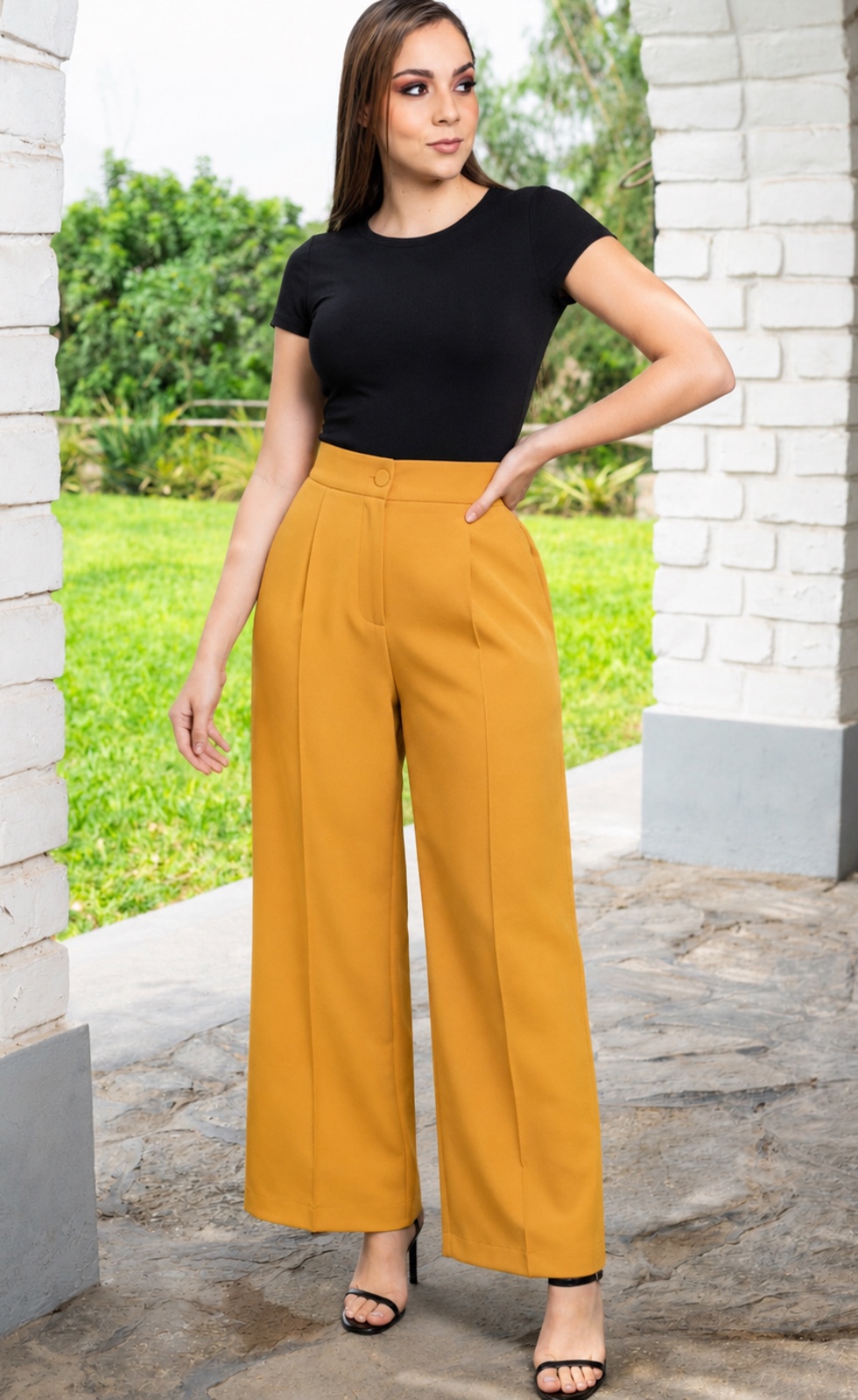 Pantalón palazo mujer Rebeca mostaza de corte sastre