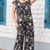 Enterizo Zoe mujer dos piezas en rayón crepé color negro floral con blusa y pantalón palazo | Salomé Perú