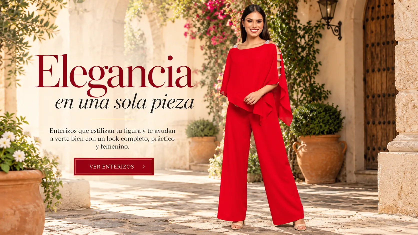 Enterizo Denisse rojo Salomé de cuerpo completo, portada en patio mediterráneo