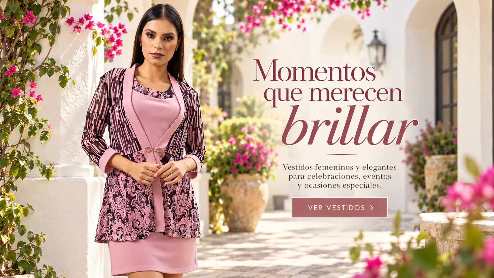 Vestido Mercy palo rosa de Salomé, portada de vestidos de fiesta en escenario mediterráneo